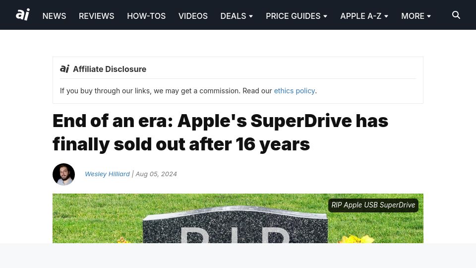 Screenshot of appleinsider.com: End of an era: Apple's SuperDrive has sold out after 16 years