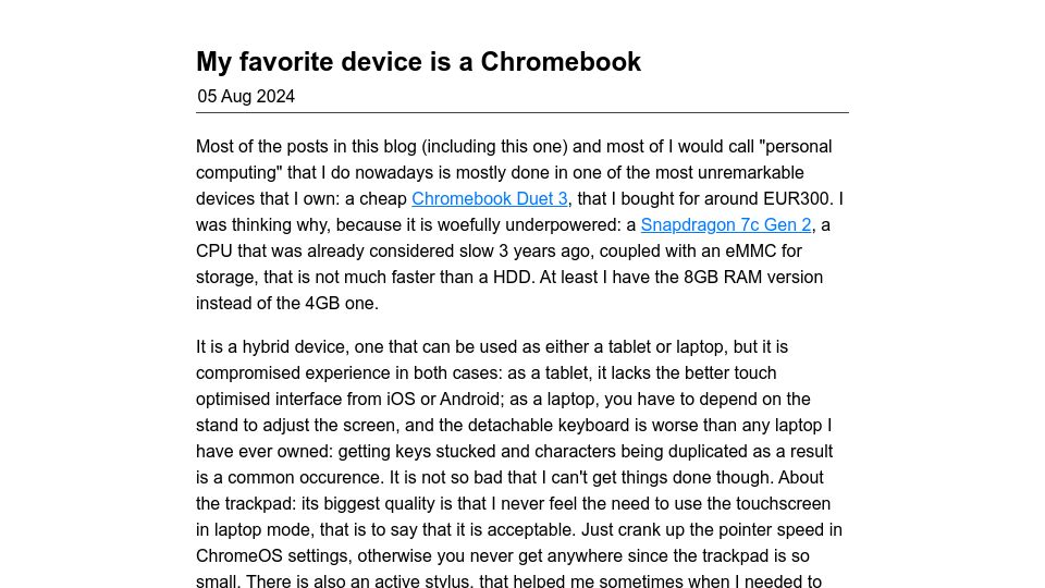 Screenshot of kokada.capivaras.dev: My favorite device is a Chromebook