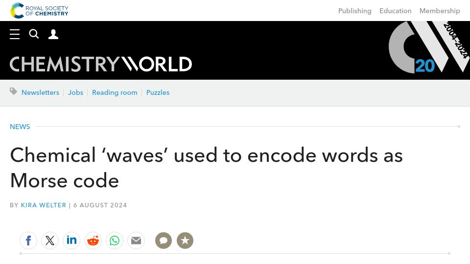 Screenshot of chemistryworld.com: Chemical 'waves' used to encode words as Morse code