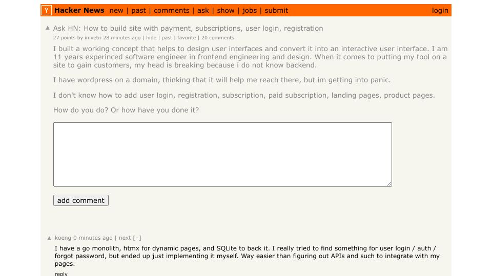 Screenshot of Hacker News post: Ask HN: How to build site with payment, subscriptions, user login, registration