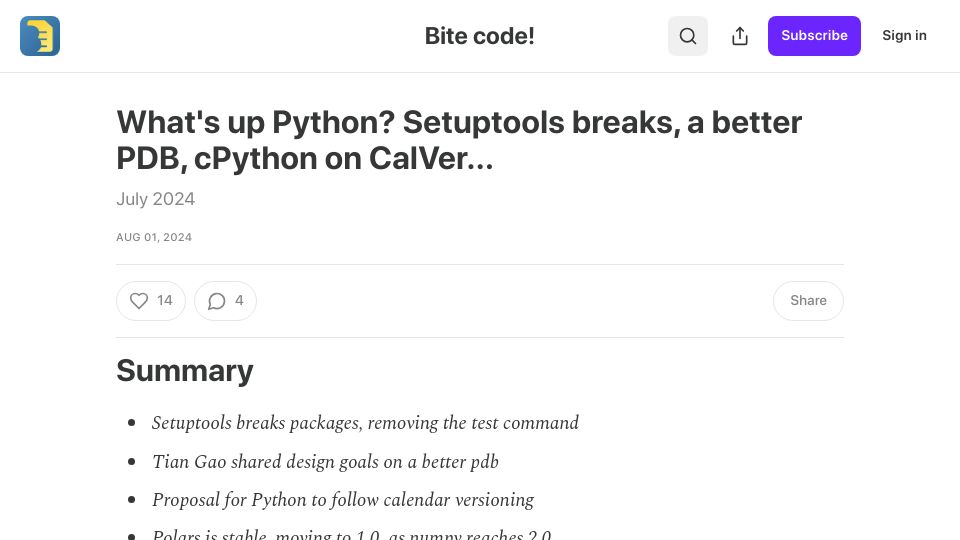 Screenshot of bitecode.dev: What's Up Python? Setuptools Breaks, a Better PDB, CPython on CalVer