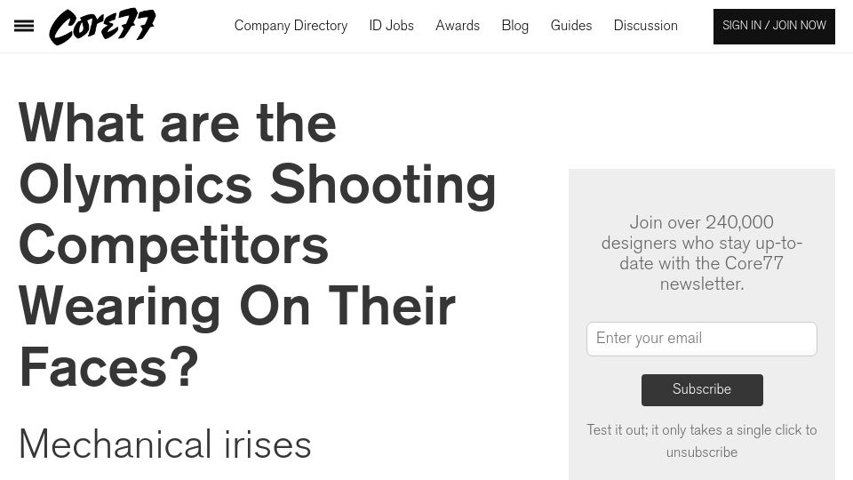 Screenshot of core77.com: What are the Olympics shooting competitors wearing on their faces?