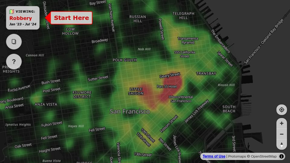 Screenshot of safemap.io: Show HN: Play with an interactive heatmap of SF crime (and other cities)
