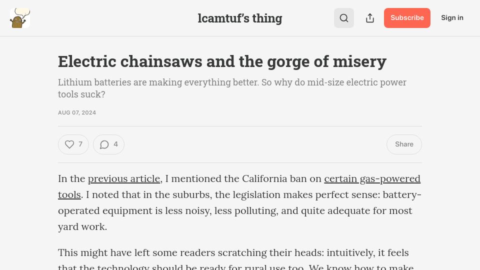 Screenshot of lcamtuf.substack.com: Electric chainsaws and the gorge of misery