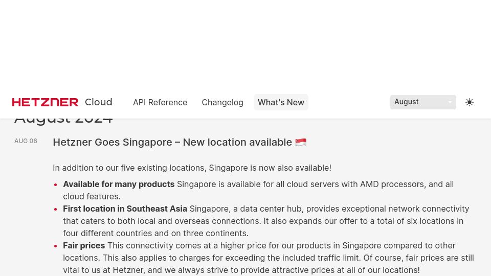 Screenshot of docs.hetzner.cloud: Hetzner Cloud – Singapore location available