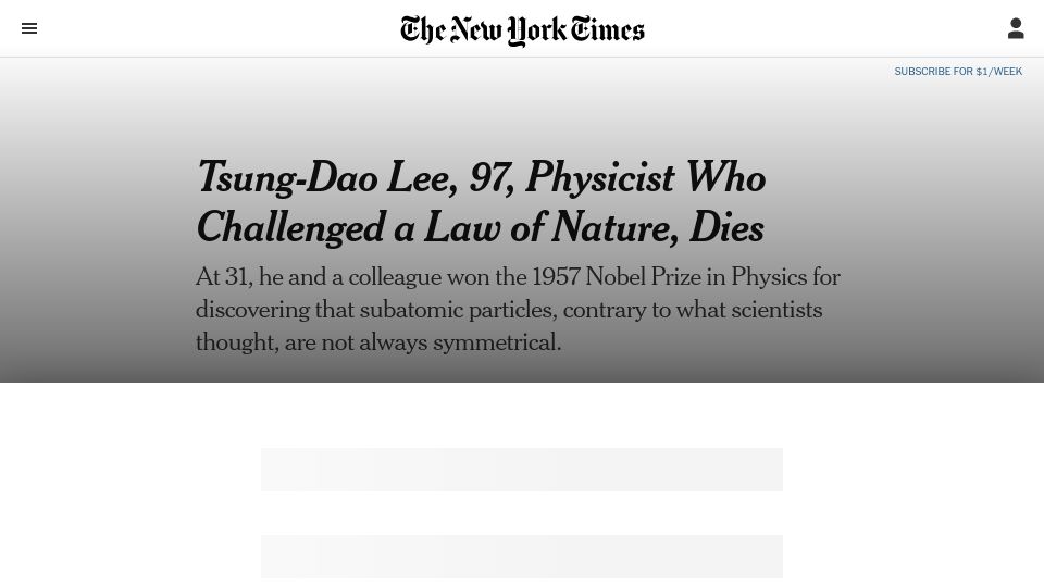 Screenshot of nytimes.com: Tsung-Dao Lee, physicist who challenged a law of nature, has died