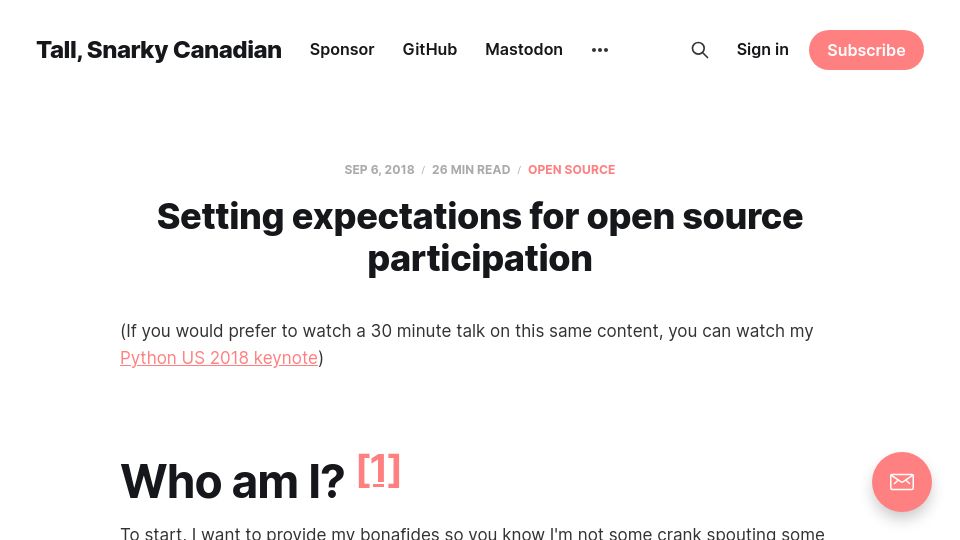 Screenshot of snarky.ca: Setting expectations for open source participation (2018)