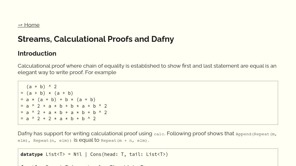 Screenshot of rdivyanshu.github.io: Streams, Calculational Proofs and Dafny