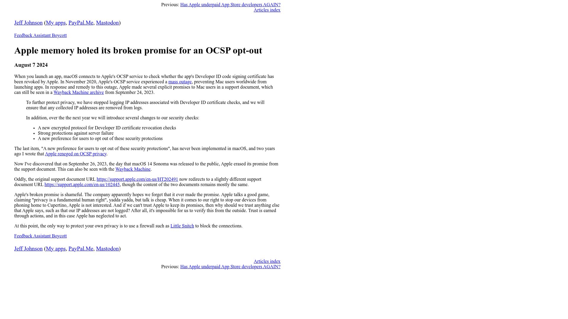Screenshot of lapcatsoftware.com: Apple memory holed its broken promise for an OCSP opt-out
