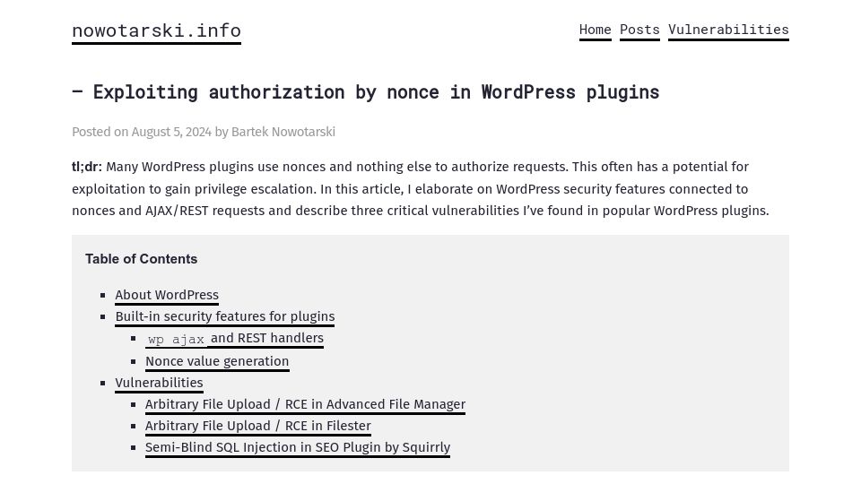 Screenshot of nowotarski.info: Exploiting authorization by nonce in WordPress plugins