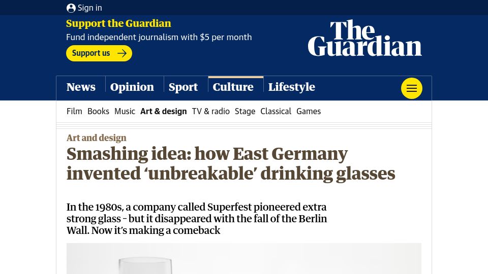 Screenshot of theguardian.com: East Germany invented 'unbreakable' drinking glasses