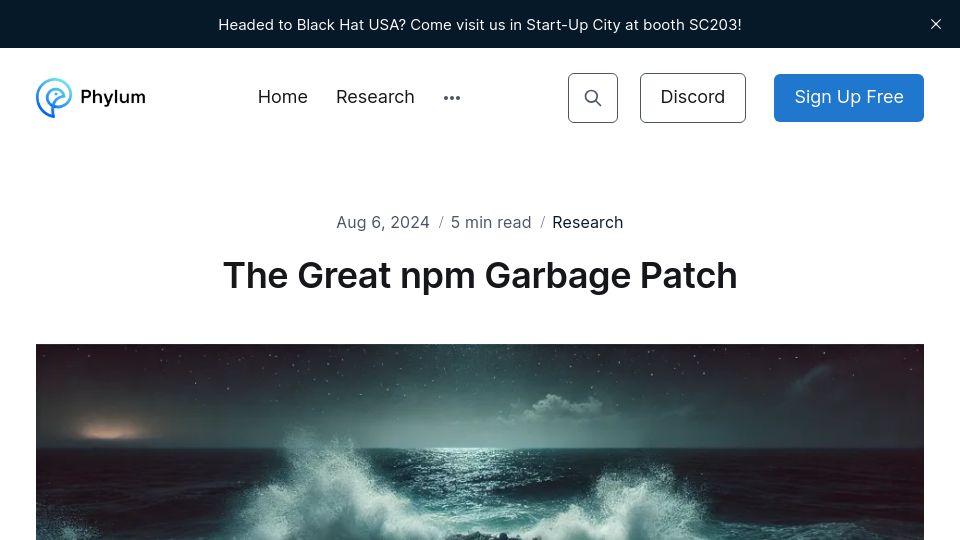 Screenshot of blog.phylum.io: 70% of new NPM packages in last 6 months were spam