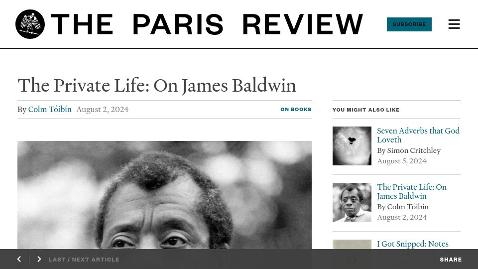 Screenshot of theparisreview.org: The Private Life: On James Baldwin