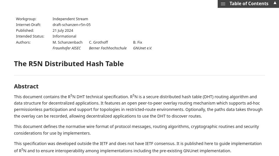 Screenshot of lsd.gnunet.org: R5N - Obfuscated mesh routing on hostile networks.