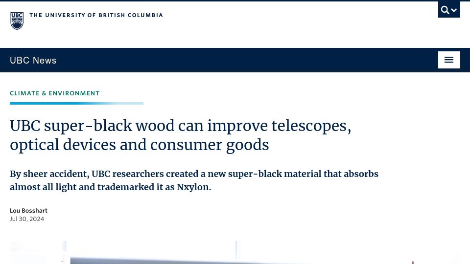 Screenshot of news.ubc.ca: Nxylon: New super-black material made from wood