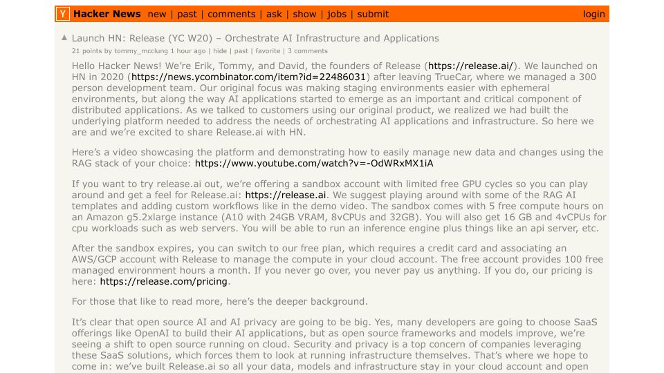 Screenshot of Hacker News post: Launch HN: Release (YC W20) – Orchestrate AI Infrastructure and Applications