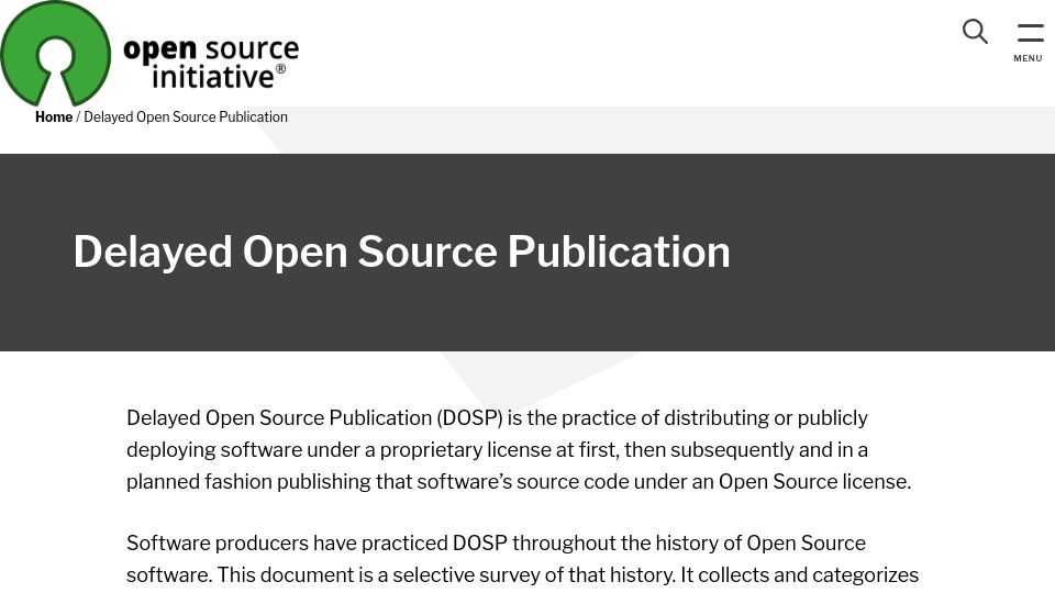 Screenshot of opensource.org: DSOP – Delayed Open Source Publication