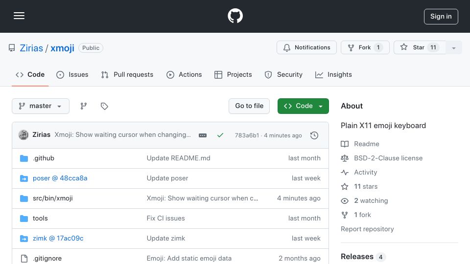 Screenshot of github.com: Emotional about X11: I'm creating a pure X11 “emoji keyboard”