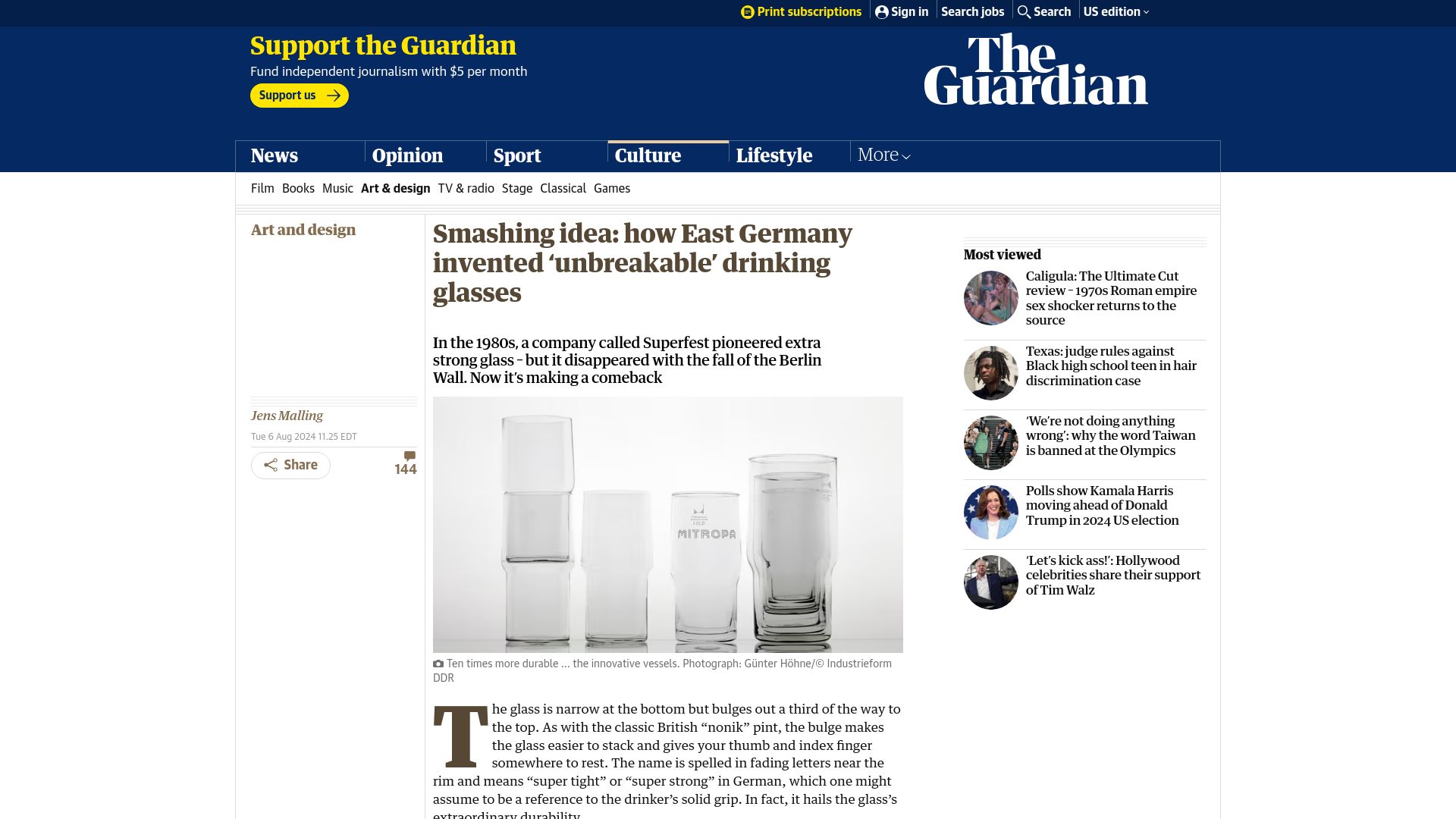 Screenshot of theguardian.com: East Germany invented 'unbreakable' drinking glasses