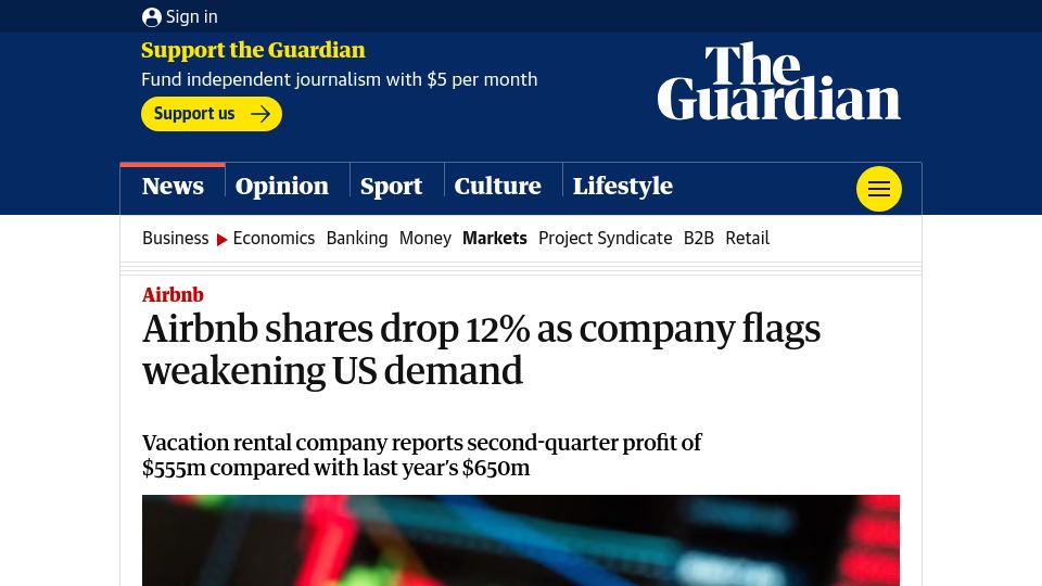 Screenshot of theguardian.com: Airbnb shares drop 12% as company flags weakening US demand