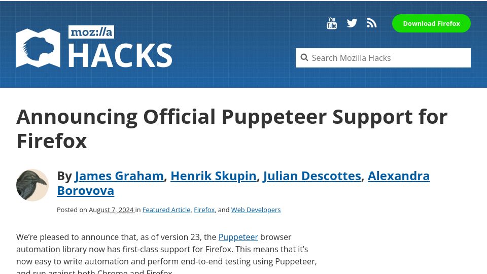 Screenshot of hacks.mozilla.org: Puppeteer Support for Firefox