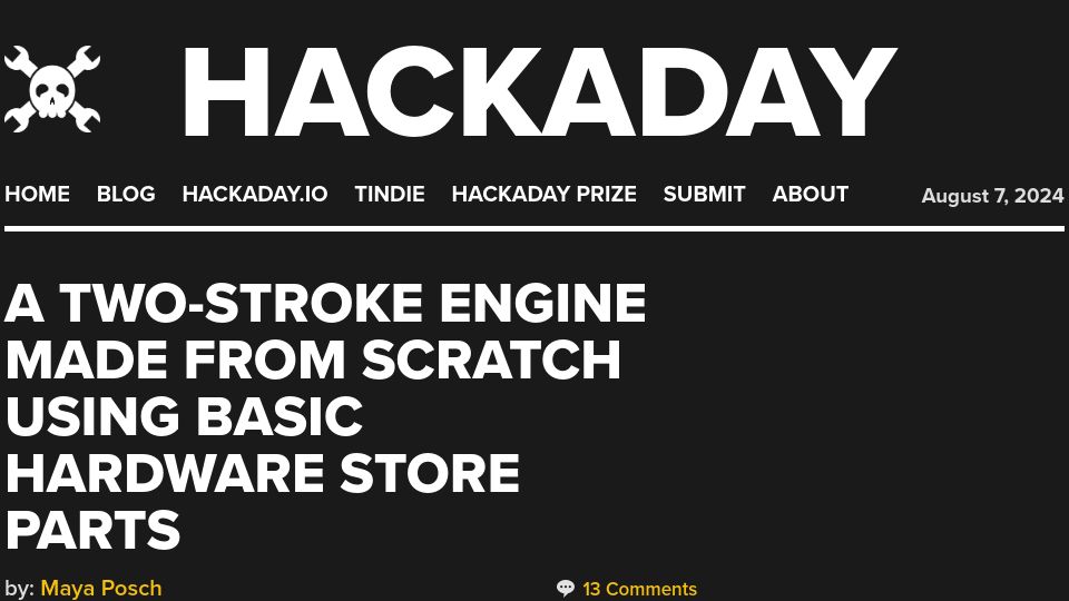 Screenshot of hackaday.com: A Two-Stroke Engine Made from Scratch Using Basic Hardware Store Parts