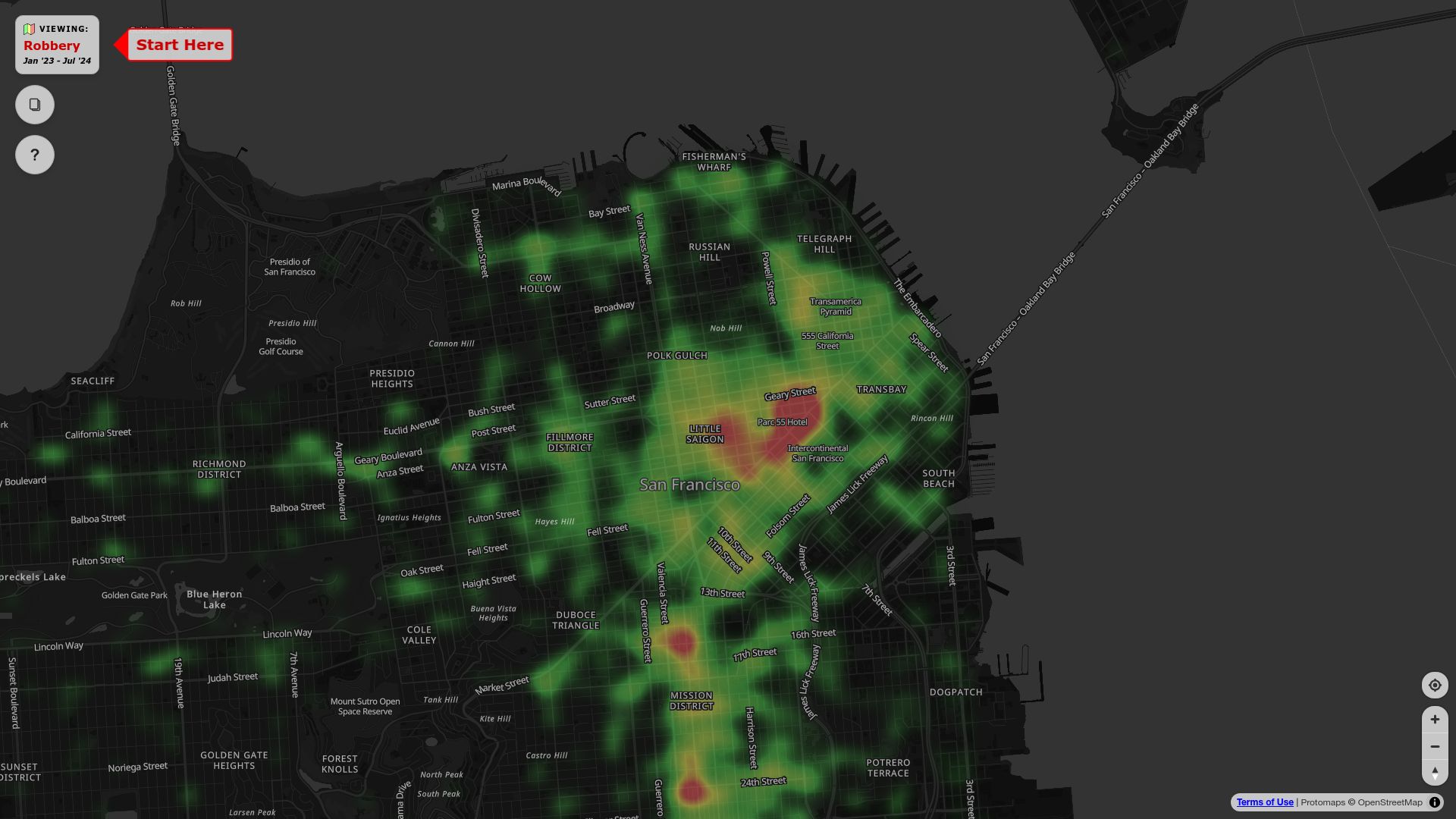 Screenshot of safemap.io: Show HN: Play with an interactive heatmap of SF crime (and other cities)