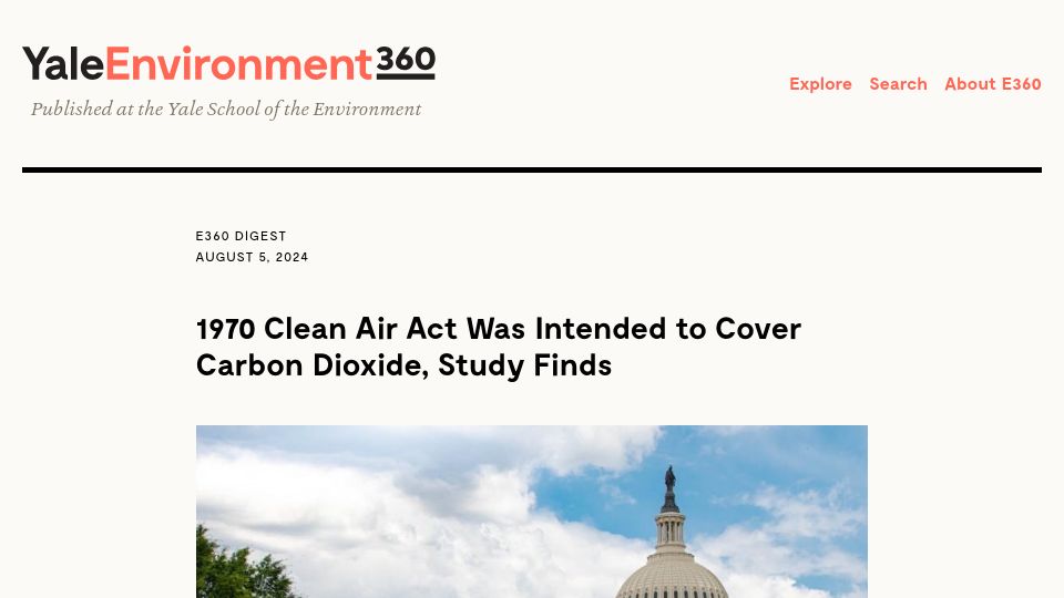 Screenshot of e360.yale.edu: 1970 Clean Air Act was intended to cover carbon dioxide