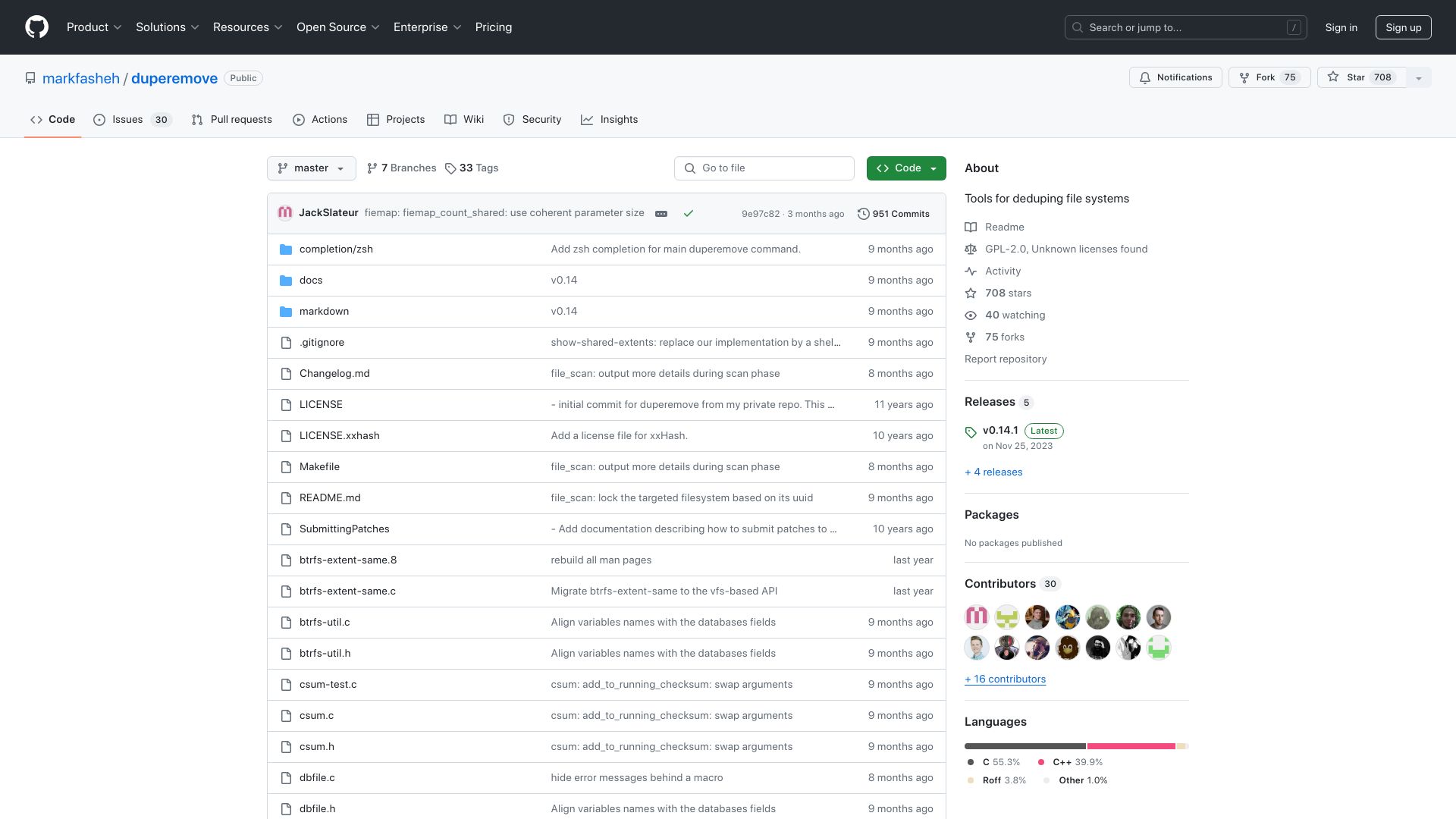 Screenshot of github.com: Duperemove – Tools for deduping file systems