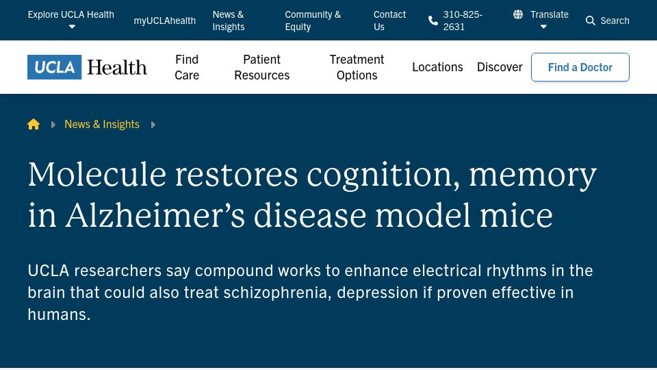 Screenshot of uclahealth.org: Molecule restores cognition, memory in Alzheimer's disease model mice