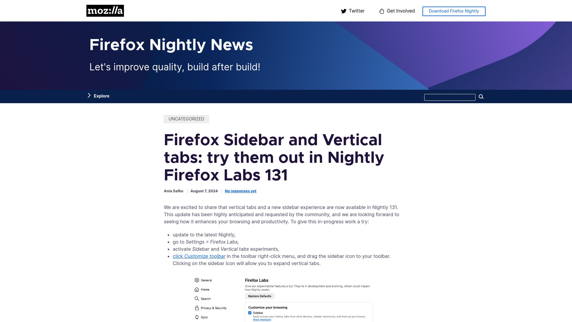 Screenshot of blog.nightly.mozilla.org: Firefox Sidebar and Vertical tabs: try them out
