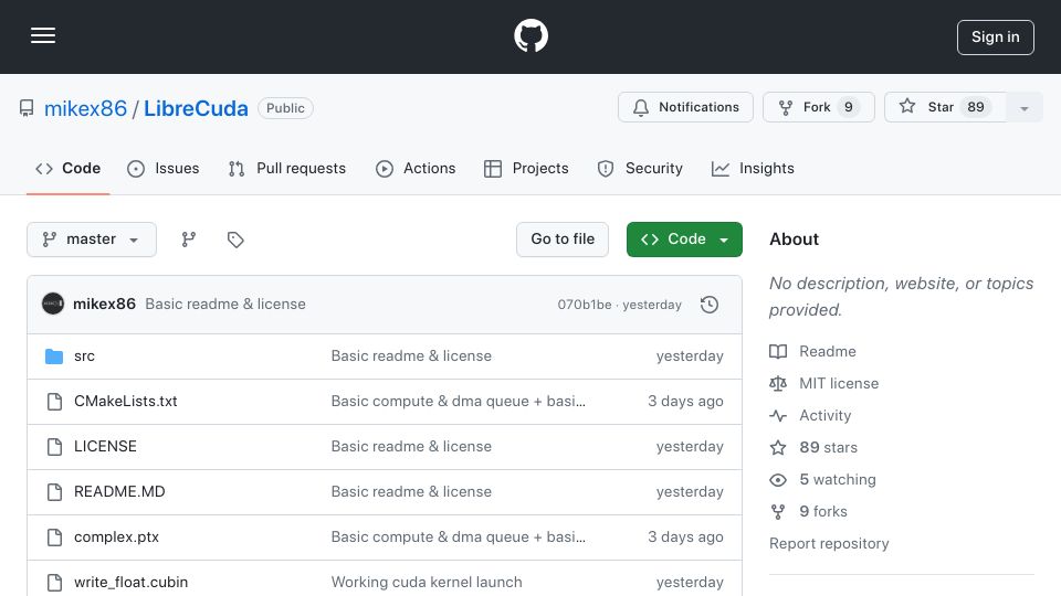 Screenshot of github.com: LibreCUDA – Launch CUDA code on Nvidia GPUs without the proprietary runtime