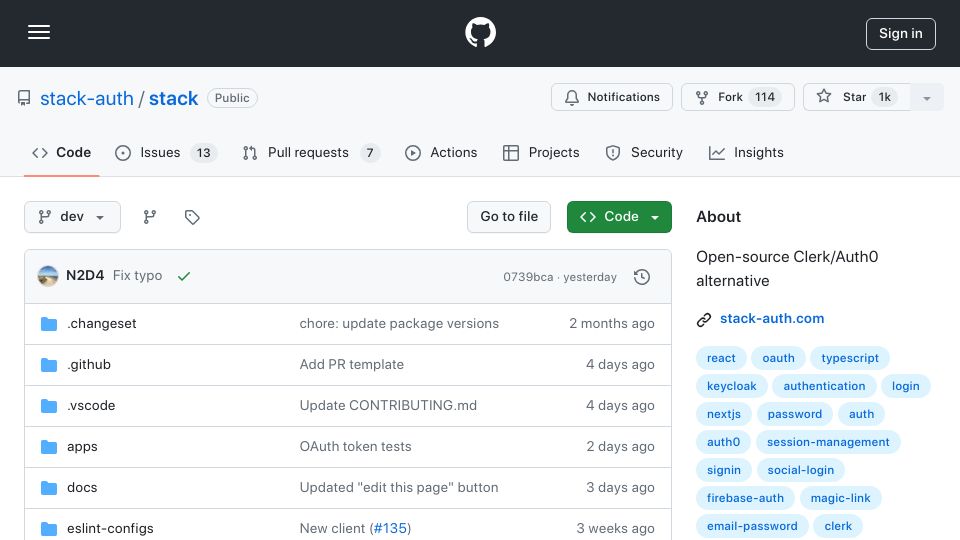Screenshot of github.com: Launch HN: Stack Auth (YC S24) – An Open-Source Auth0/Clerk Alternative
