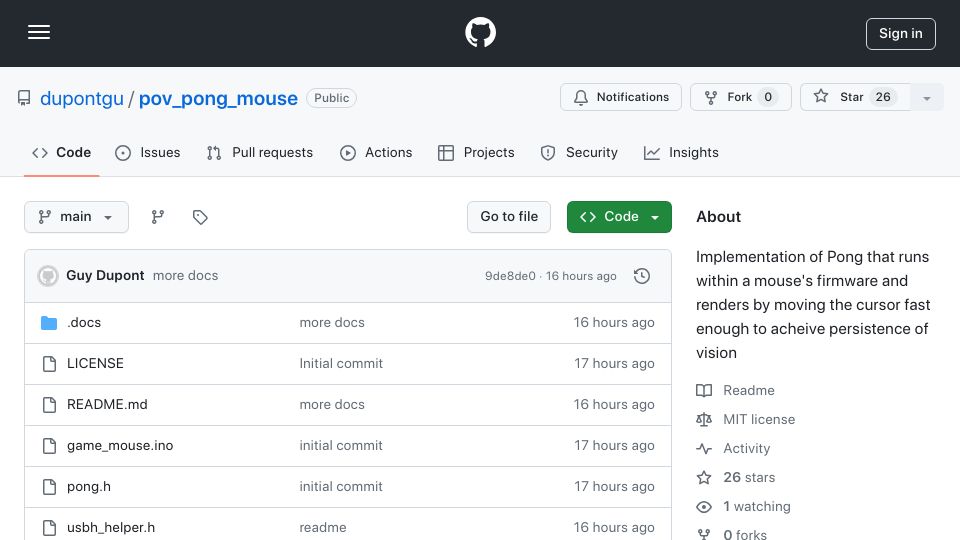 Screenshot of github.com: Mouse Pong: play a game from mouse's firmware with persistence of vision cursor