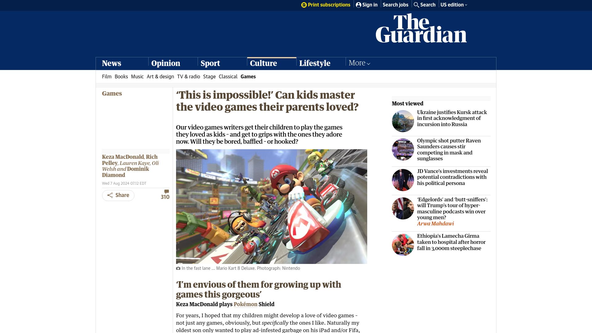 Screenshot of theguardian.com: Can kids master the video games their parents loved?