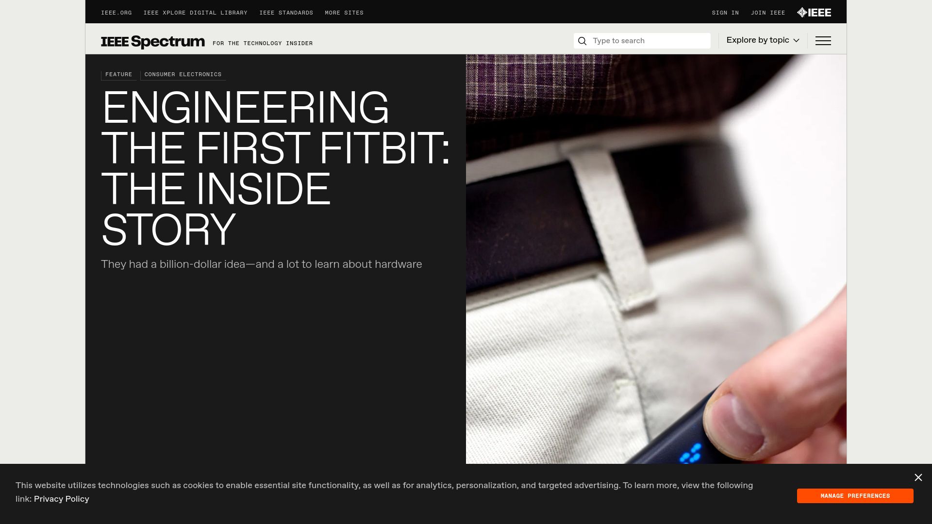 Screenshot of spectrum.ieee.org: Engineering the First Fitbit: The Inside Story