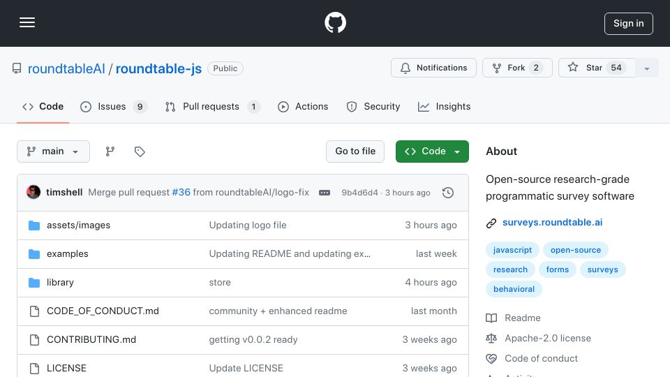 Screenshot of github.com: Show HN: RoundtableJS – Open-source programmatic survey library