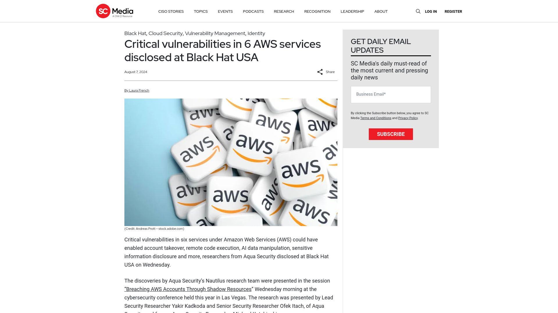 Screenshot of scmagazine.com: Critical vulnerabilities in 6 AWS services disclosed at Black Hat USA