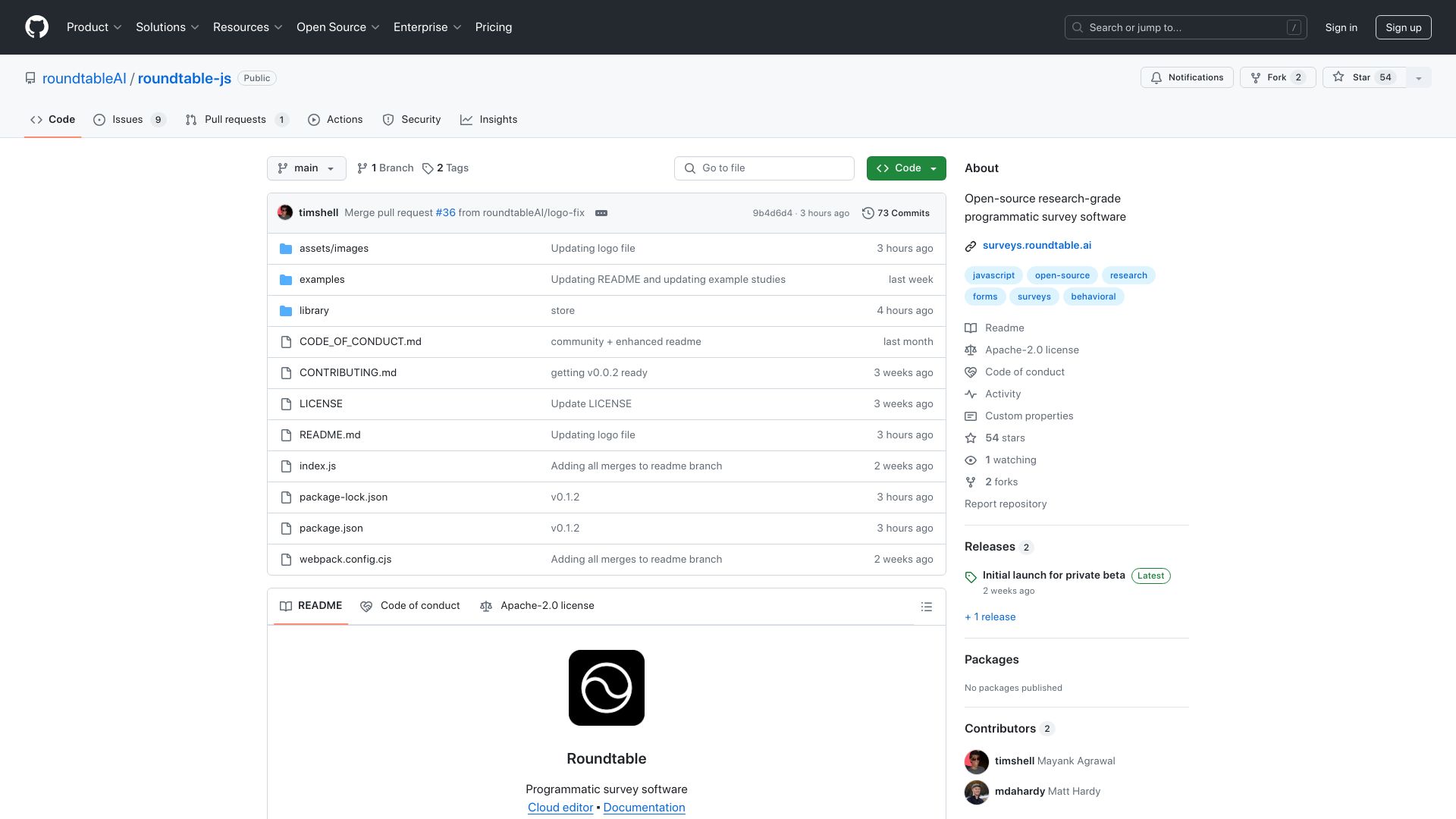 Screenshot of github.com: Show HN: RoundtableJS – Open-source programmatic survey library