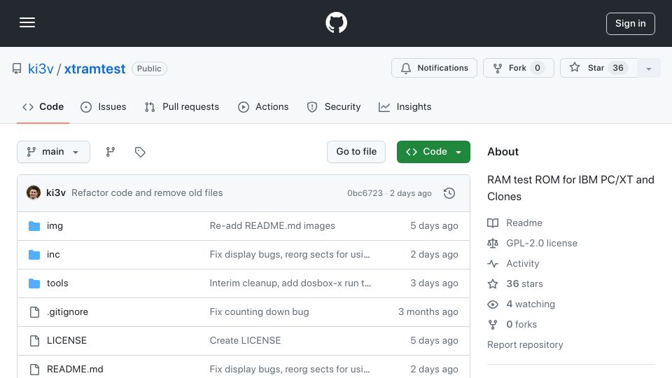 Screenshot of github.com: RAM Test ROM for IBM PC/XT and Clones