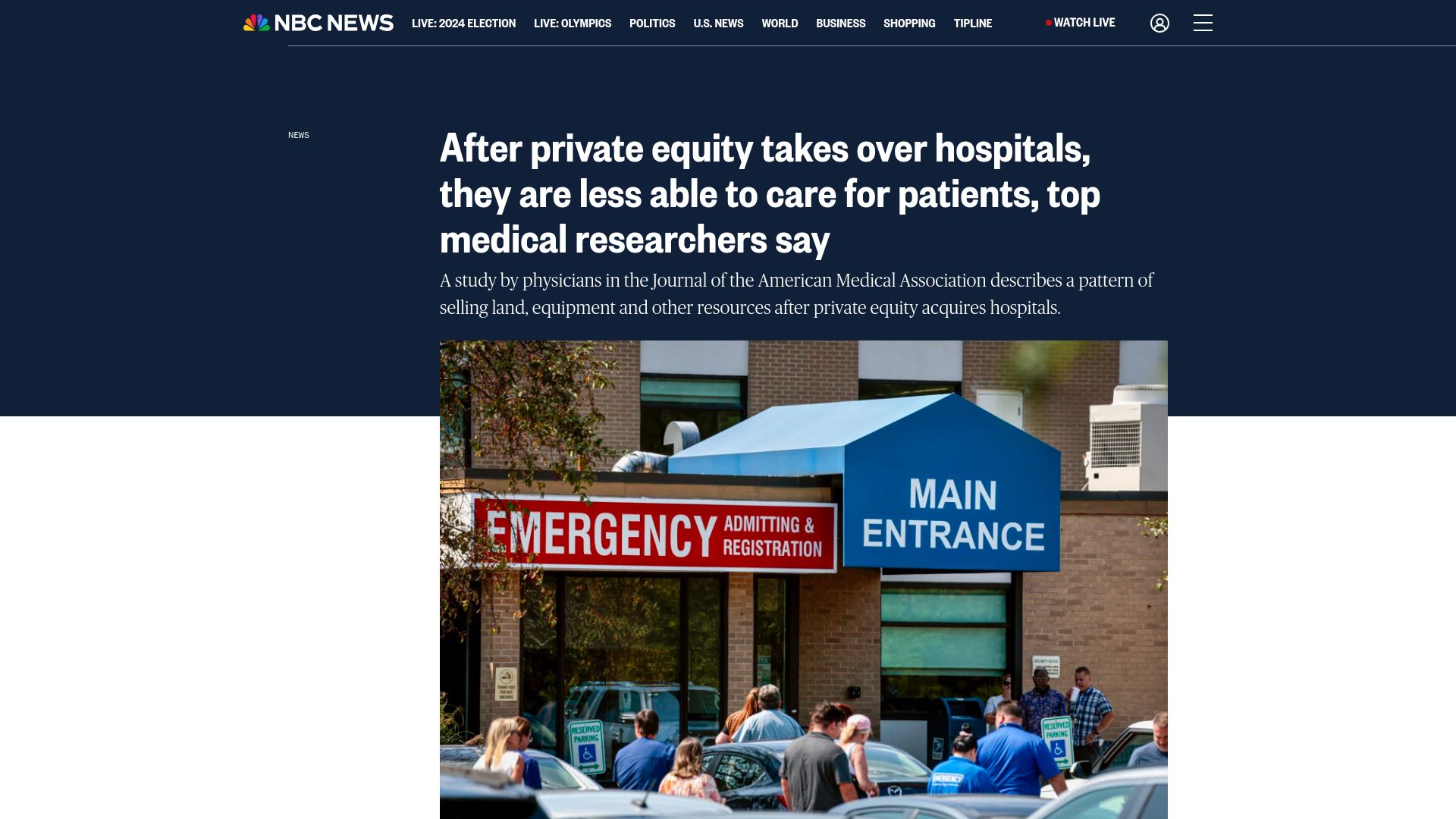 Screenshot of nbcnews.com: After private equity takes over hospitals, they are less adept of providing care