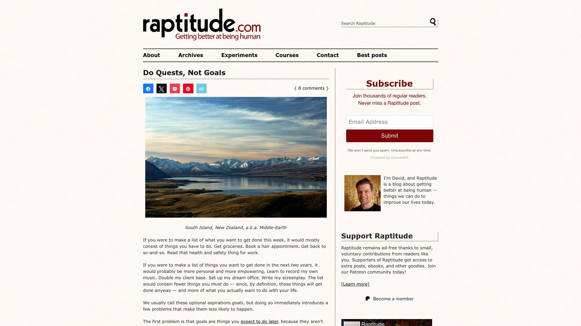 Screenshot of raptitude.com: Do quests, not goals