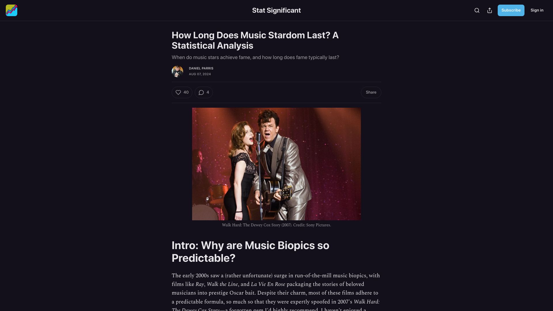 Screenshot of statsignificant.com: How long does music stardom last? A statistical analysis