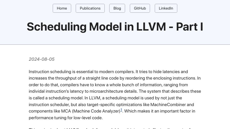 Screenshot of myhsu.xyz: Scheduling Model in LLVM – Part I