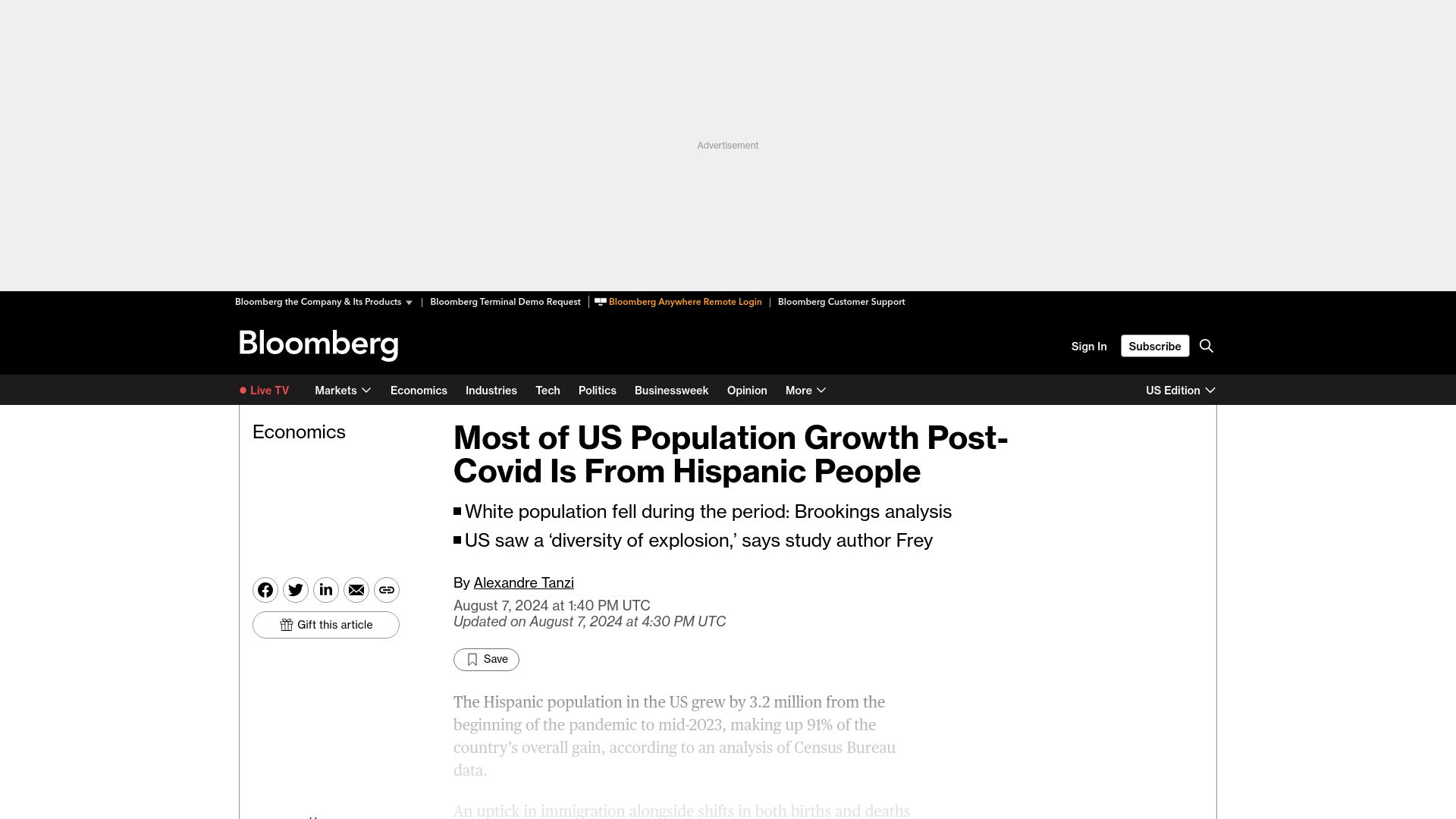 Screenshot of bloomberg.com: Over 90% of US Population Growth Since 2020 Came from Hispanics