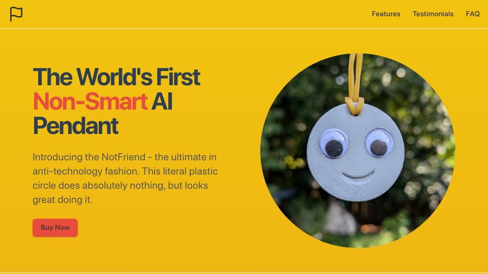 Screenshot of notfriend.org: Show HN: The First Non-Smart AI Pendant (NotFriend)