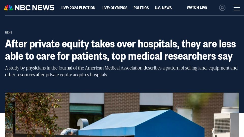 Screenshot of nbcnews.com: After private equity takes over hospitals, they are less adept of providing care