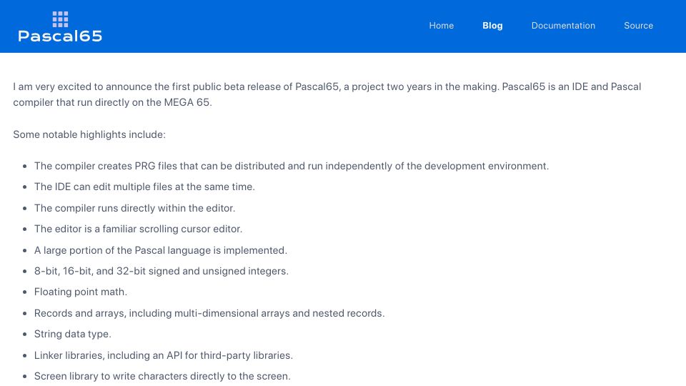 Screenshot of pascal65.org: Pascal65 beta – an IDE and Pascal compiler that run directly on the MEGA 65