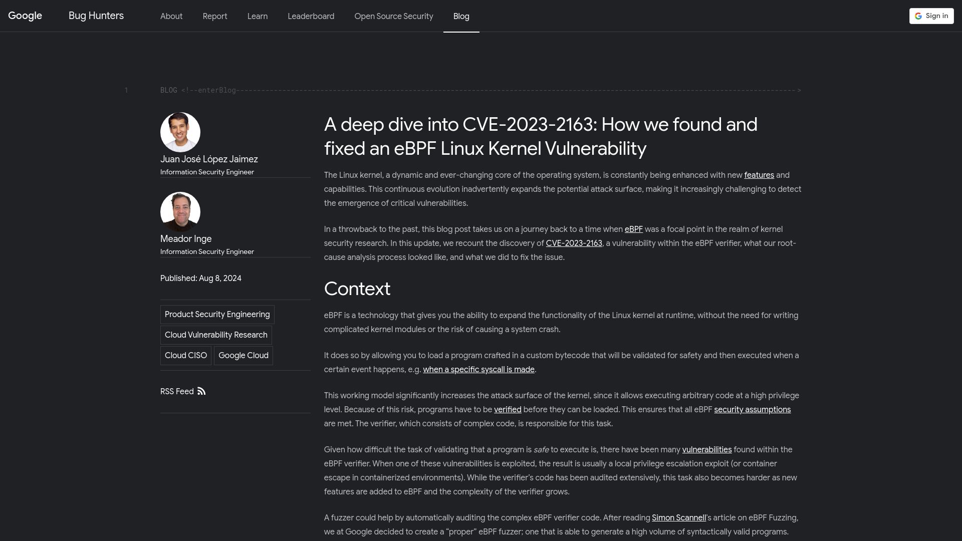 Screenshot of bughunters.google.com: How we found and fixed an eBPF Linux kernel vulnerability