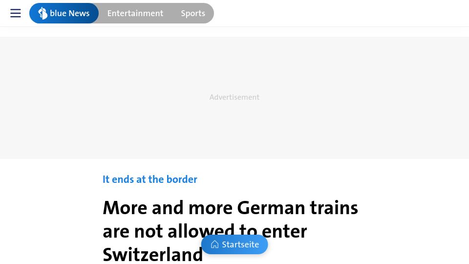 Screenshot of bluewin.ch: More and more German trains are not allowed to enter Switzerland